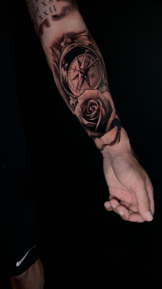 Compass & Rose Forearm Tattoo