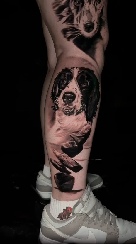 Realistic Dog Portrait Leg Tattoo