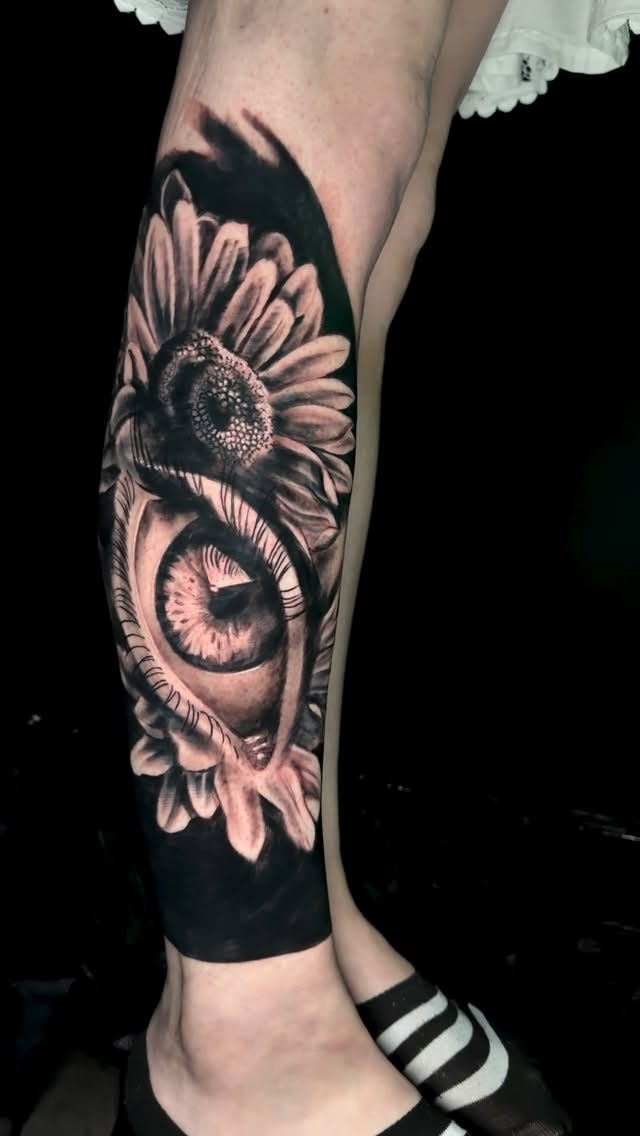 Sunflower and Eye Calf Tattoo